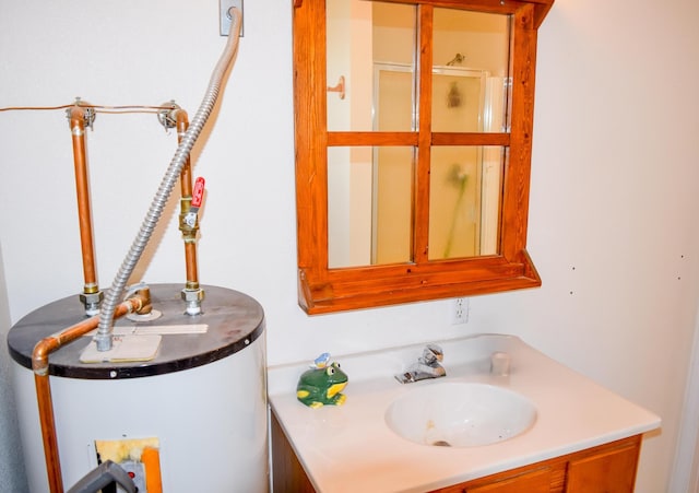 52772 Herak Rd, Charlo, MT 59824 - bathroom featuring vanity, an enclosed shower, and gas water heater