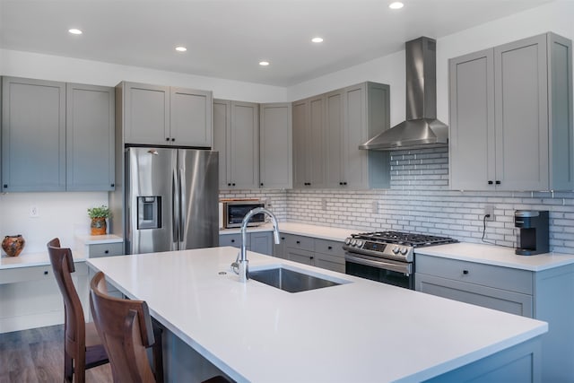 kitchen featuring wall chimney range hood, appliances with stainless steel finishes, sink, and a kitchen island with sink