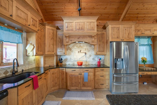 kitchen featuring wood ceiling, stainless steel appliances, sink, light tile patterned flooring, and vaulted ceiling