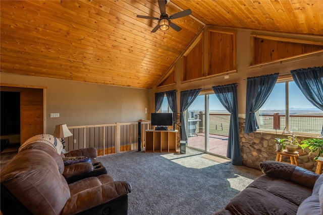 carpeted living room with ceiling fan, high vaulted ceiling, and wood ceiling