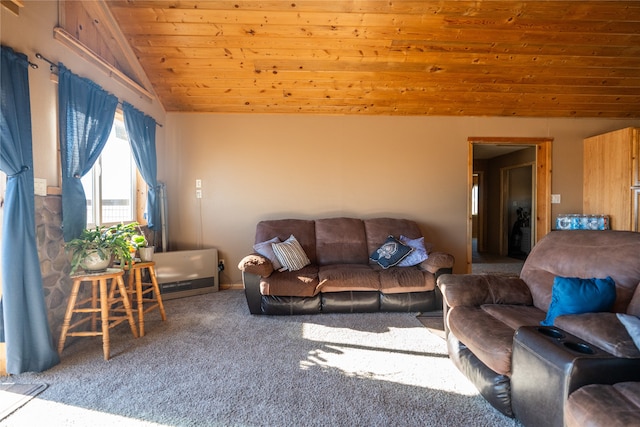 carpeted living room featuring wooden ceiling and lofted ceiling