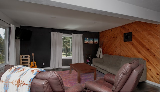 living room featuring a healthy amount of sunlight and wood walls