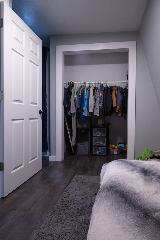 bedroom with a closet and dark hardwood / wood-style floors