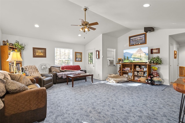 carpeted living room featuring lofted ceiling, cooling unit, and ceiling fan