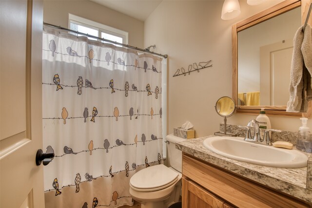 bathroom featuring vanity, toilet, and walk in shower