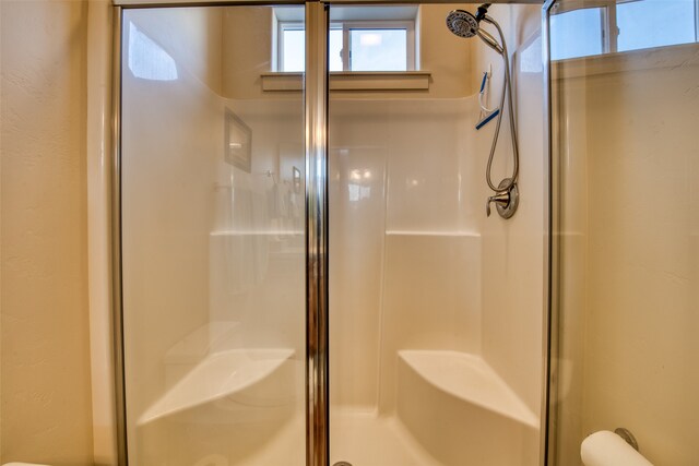 bathroom with a shower with shower door