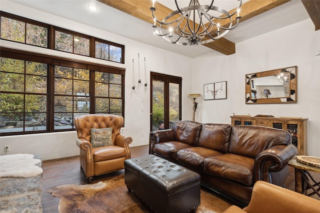 89 Slopeside Dr Unit 4, Whitefish, MT 59937 - living room with a chandelier, wood finished floors, french doors, recessed lighting, and beam ceiling