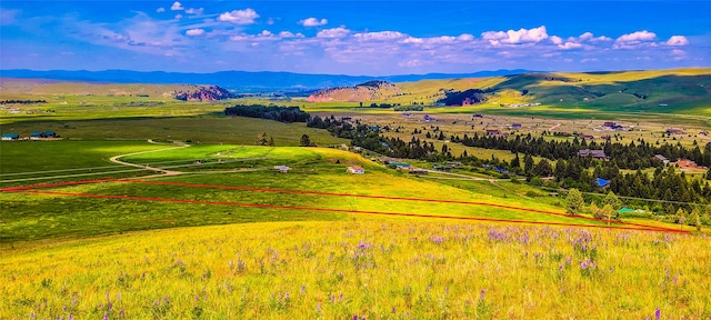 drone / aerial view with a mountain view and a rural view