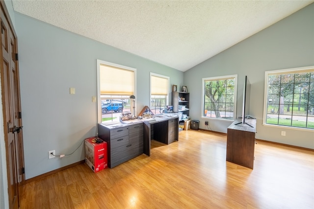 office with light hardwood / wood-style floors, high vaulted ceiling, and a textured ceiling