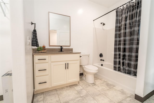 full bathroom with vanity, toilet, and shower / bathtub combination with curtain