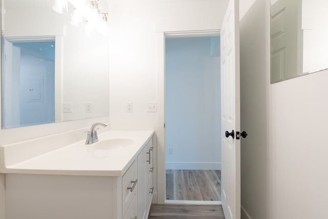 bathroom with vanity and wood-type flooring