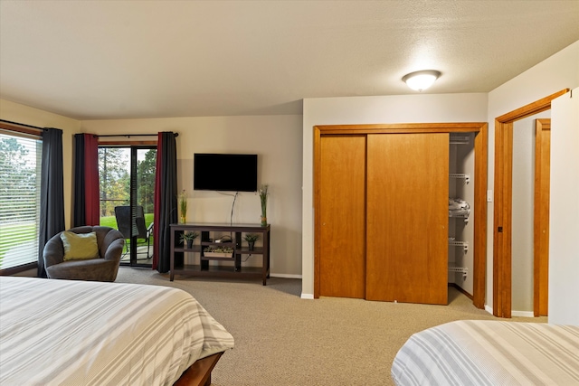 bedroom featuring light colored carpet and a closet