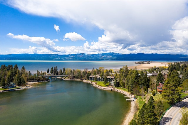 drone / aerial view with a water and mountain view