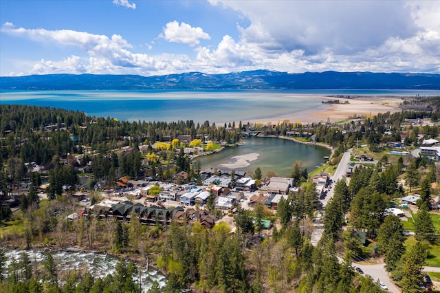 birds eye view of property with a water and mountain view