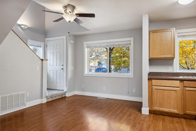 unfurnished dining area with ceiling fan, dark wood-type flooring, and sink