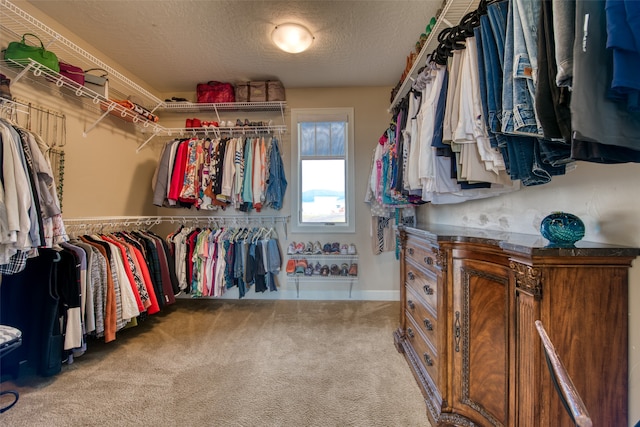 spacious closet featuring light colored carpet