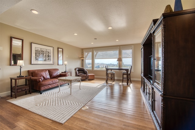 living room featuring light wood-type flooring and a textured ceiling