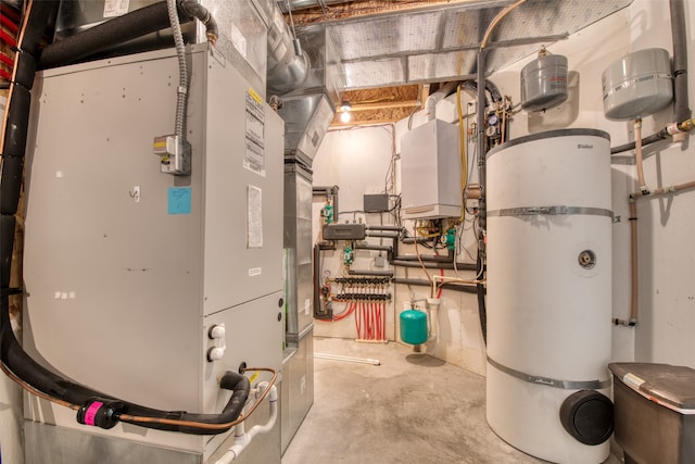 utility room with strapped water heater and heating unit