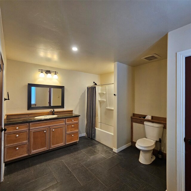 full bathroom with shower / bathtub combination with curtain, vanity, and toilet