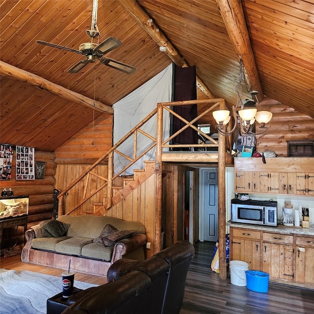 unfurnished living room with wood ceiling, beamed ceiling, rustic walls, and dark hardwood / wood-style floors