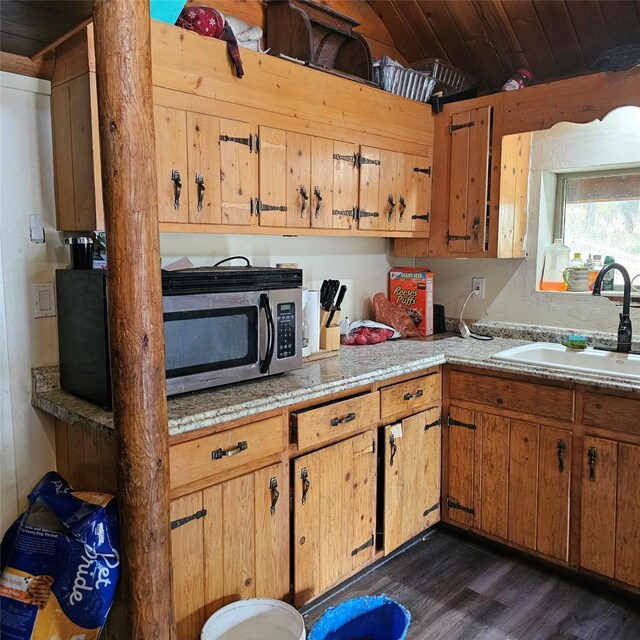 kitchen with lofted ceiling, dark hardwood / wood-style floors, wood ceiling, and sink