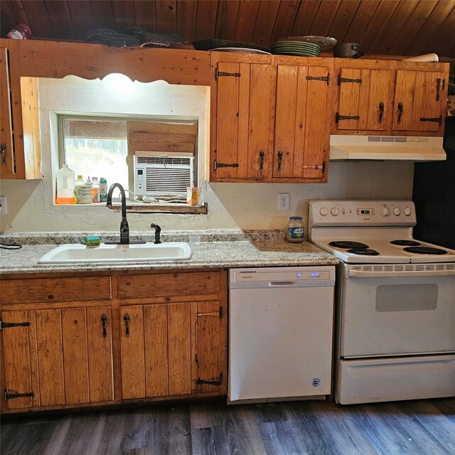 kitchen featuring sink, white appliances, an AC wall unit, dark hardwood / wood-style flooring, and wood ceiling