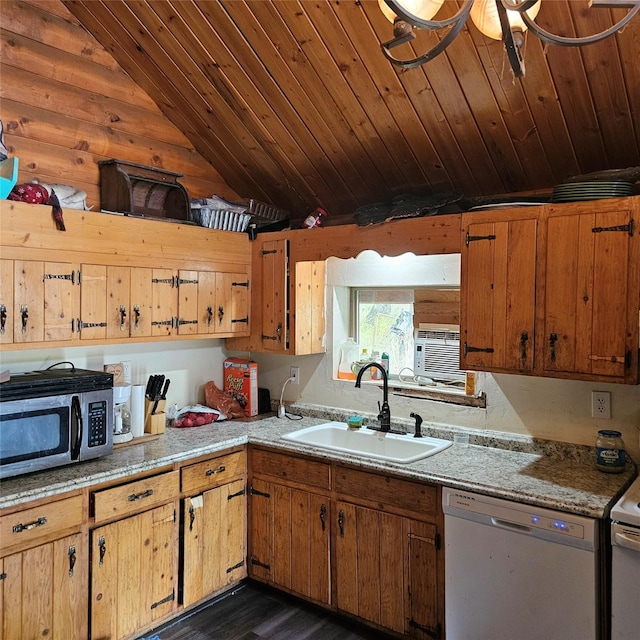 kitchen with white dishwasher, dark wood-type flooring, vaulted ceiling, and sink