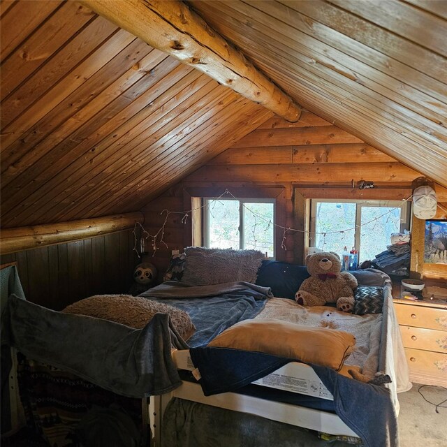 carpeted bedroom featuring wood ceiling and lofted ceiling with beams