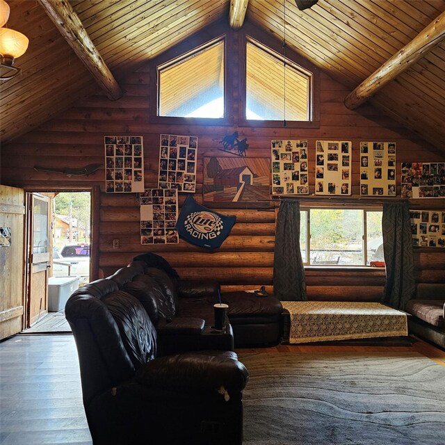 living room featuring wooden ceiling, log walls, lofted ceiling with beams, and hardwood / wood-style flooring