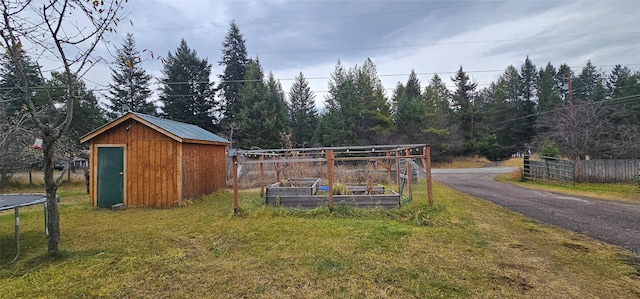 view of yard featuring a storage shed