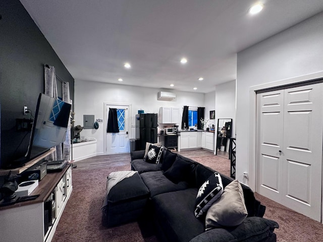 living room with electric panel, wood-type flooring, and a wall mounted air conditioner