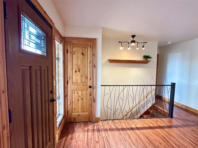 foyer entrance with baseboards and wood finished floors