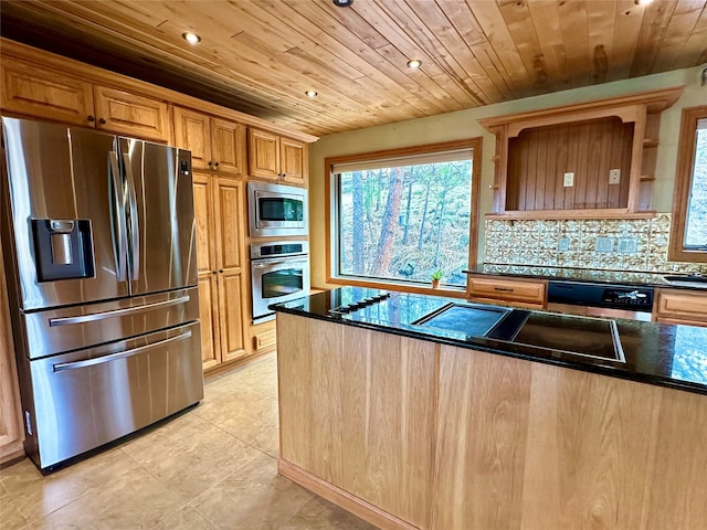 kitchen with backsplash, dark stone countertops, stainless steel appliances, and wooden ceiling