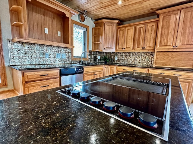 kitchen with open shelves, black electric cooktop, a sink, wooden ceiling, and dishwashing machine