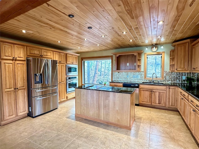 kitchen featuring open shelves, appliances with stainless steel finishes, a sink, a center island, and wood ceiling