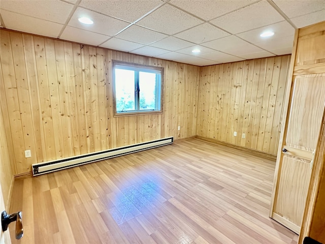 spare room featuring a baseboard radiator, wood-type flooring, and wood walls