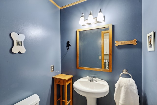 bathroom featuring toilet, sink, and ornamental molding