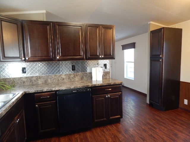 kitchen featuring black dishwasher, dark brown cabinets, backsplash, dark hardwood / wood-style flooring, and light stone countertops