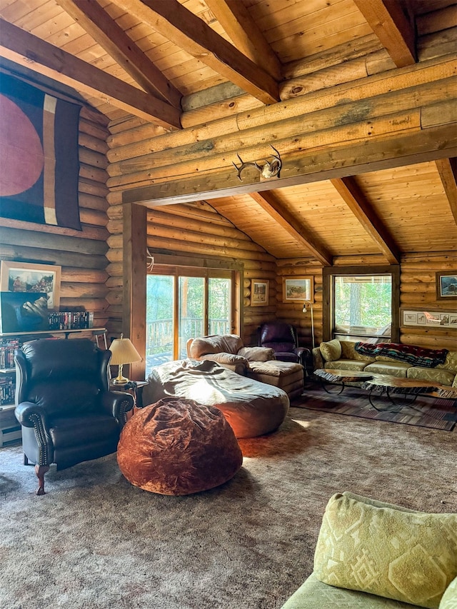 carpeted living room featuring lofted ceiling with beams, rustic walls, and wood ceiling