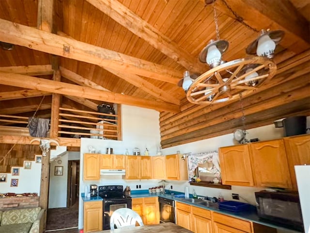 kitchen with beam ceiling, wooden ceiling, sink, black appliances, and high vaulted ceiling