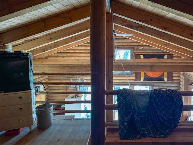 room details with wood ceiling, wood-type flooring, and log walls