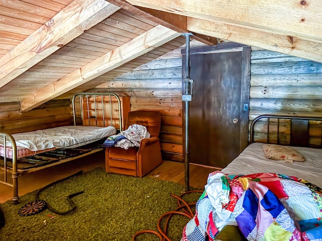 bedroom with wood ceiling, wood-type flooring, lofted ceiling, and rustic walls