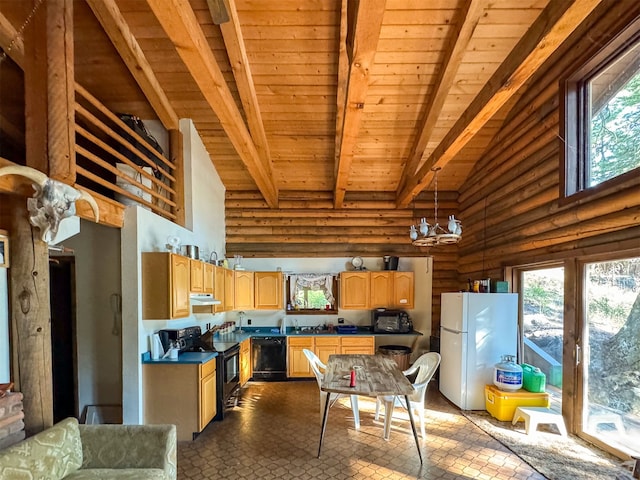 kitchen featuring beam ceiling, hanging light fixtures, black appliances, an inviting chandelier, and high vaulted ceiling