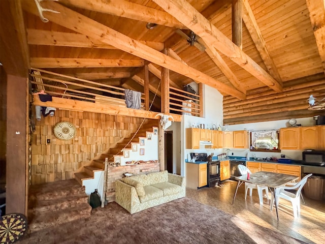 living room featuring beam ceiling, high vaulted ceiling, wooden ceiling, and dark hardwood / wood-style flooring