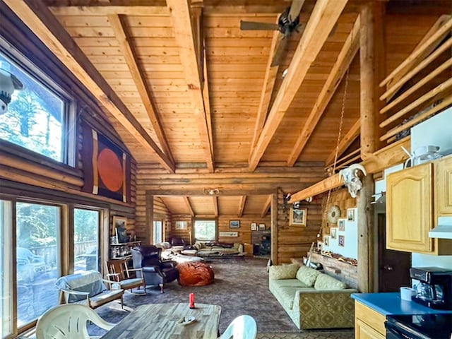 interior space with ceiling fan, a healthy amount of sunlight, wooden ceiling, and vaulted ceiling with beams