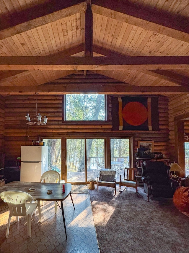 living room with high vaulted ceiling, wooden ceiling, carpet floors, beamed ceiling, and log walls