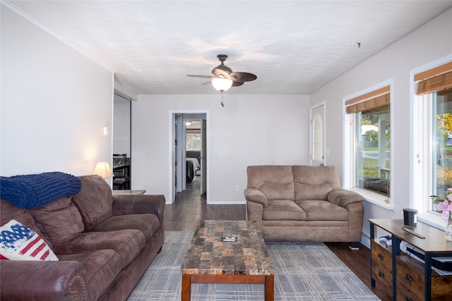 living room with dark hardwood / wood-style floors and ceiling fan