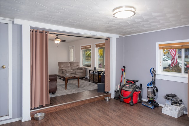 interior space with ornamental molding, dark hardwood / wood-style floors, and ceiling fan