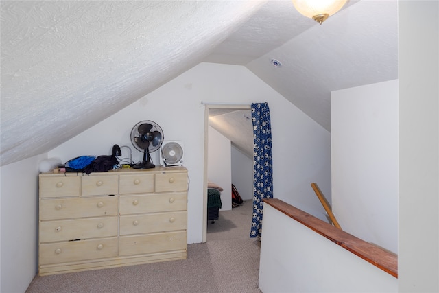 additional living space featuring light carpet, a textured ceiling, and lofted ceiling