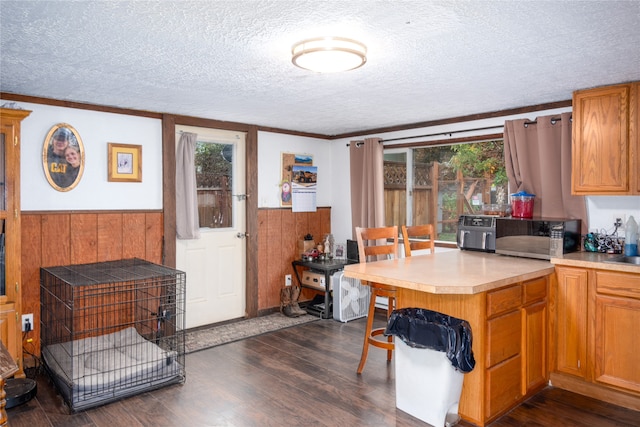 kitchen with crown molding, a textured ceiling, wooden walls, and dark wood-type flooring